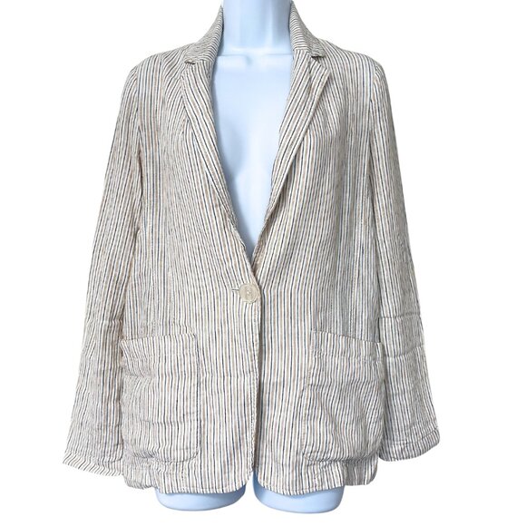 Max Studio Linen Blend Blazer Jacket Womens XS Tan Stripe Lightweight Minimalist - Picture 1 of 9